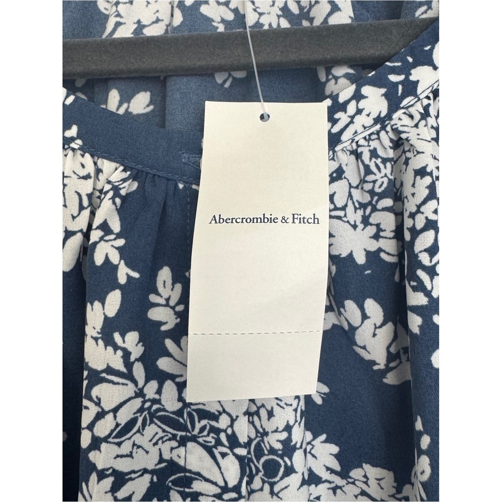 Abercrombie &‎ Fitch New XS Navy and White Floral Peasant Blouse Puff Sleeves - Picture 8 of 9